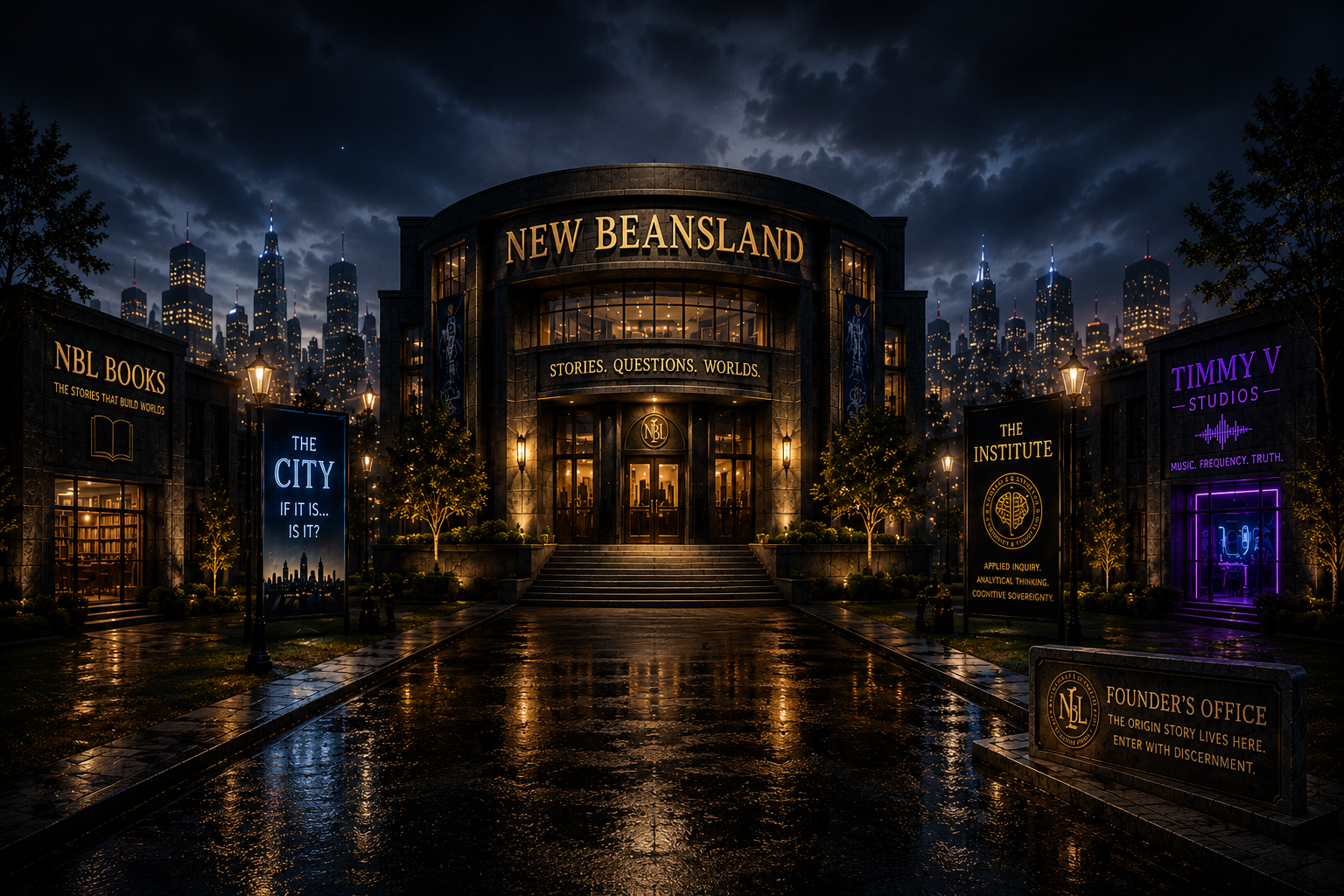 New Beansland at night, with NBL Books, The City, The Institute, Timmy V Studios, and Founder’s Office surrounding the central New Beansland building